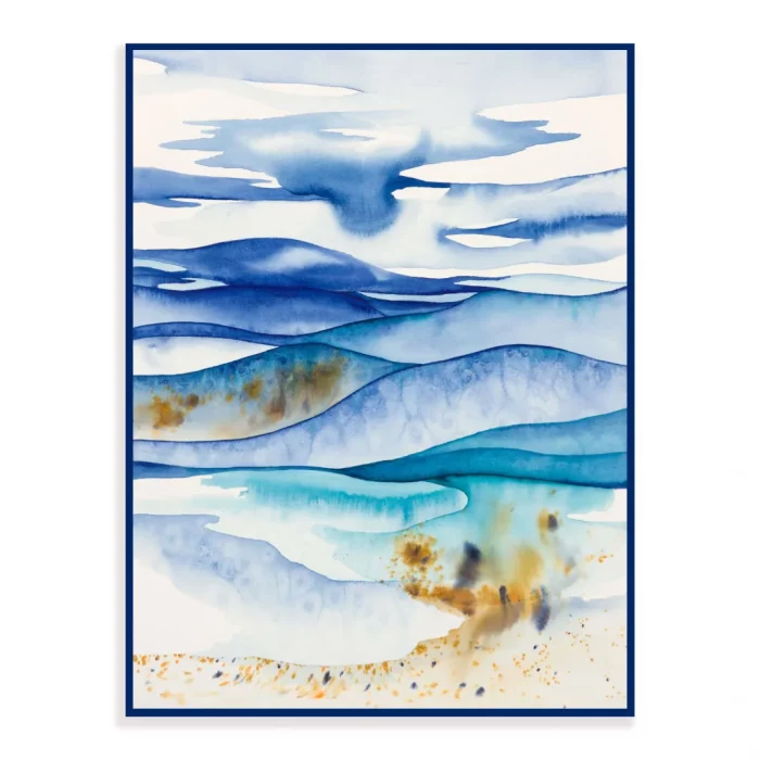 akvarel - abstraktní krajina s jezerem v modrém rámečku