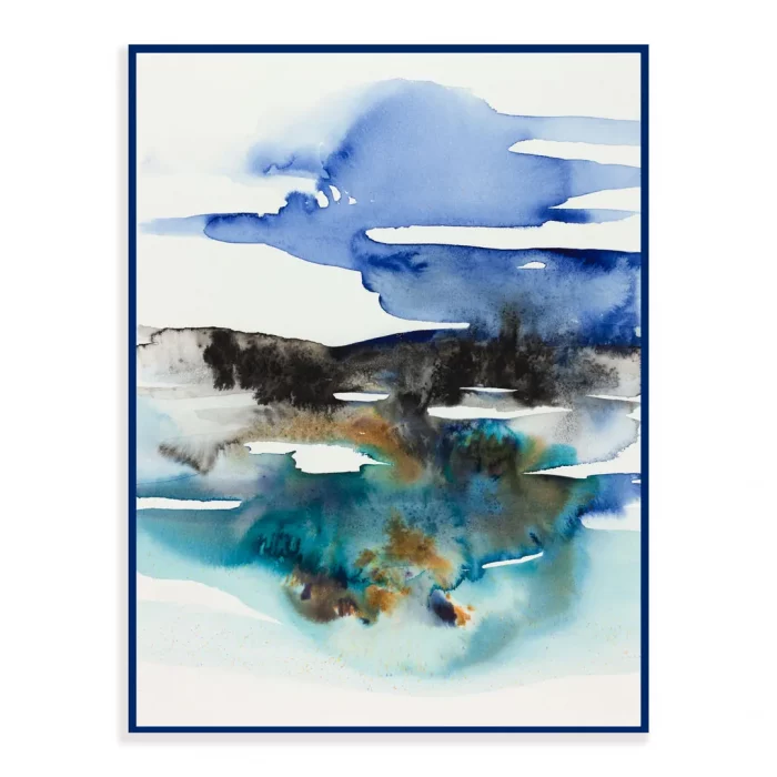 Akvarel - abstraktní krajina v modrých a tyrkysových tónech.