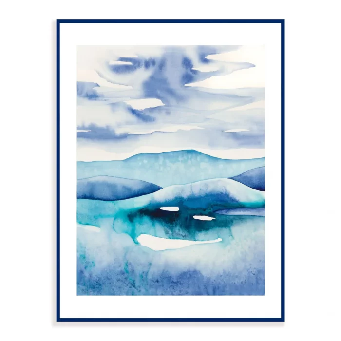 Akvarel - ledová krajina v modré a tyrkysové barvě