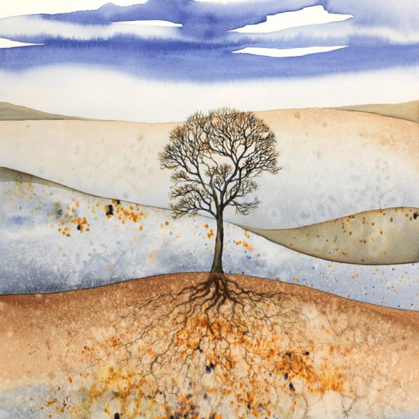 Osamělý strom shazuje poslední listy a ukládá se k zimnímu spánku - akvarel.