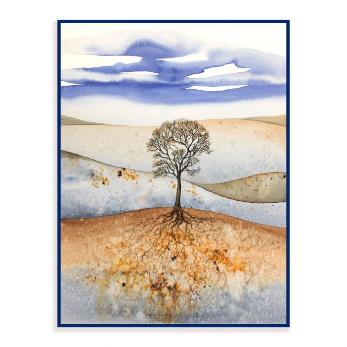 Podzimní krajina, strom se ukládá k zimnímu spánku - akvarel.