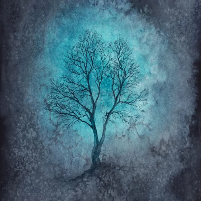 Fantasy strom s tyrkysovou září - akvarel Čarovná noc.