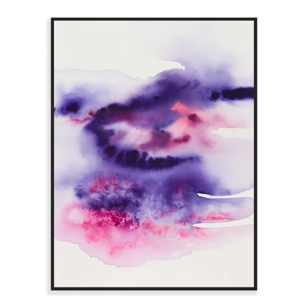 Abstraktní akvarel - červánkové mraky v černém kovovém rámečku.