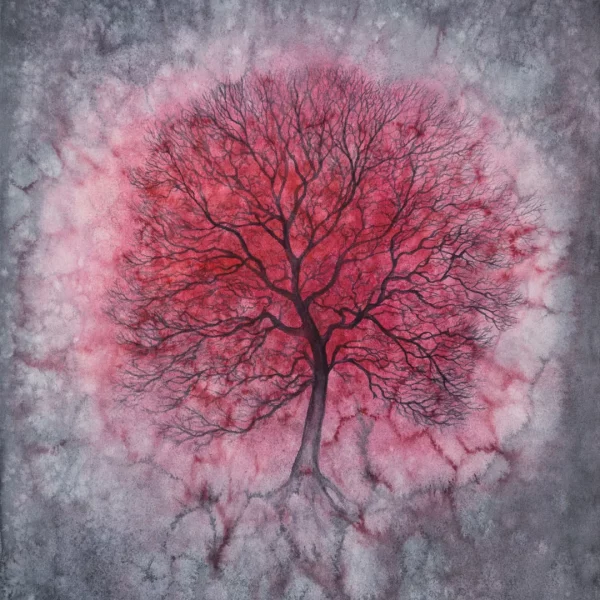 Abstraktní akvarel s motivem červeného stromu.