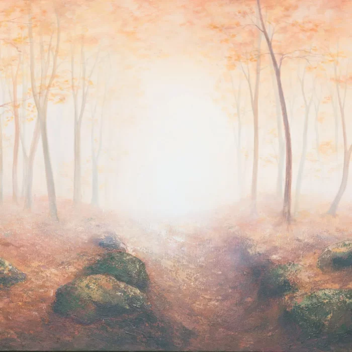 Obraz zachycuje tajemný podzimní bukový les s cestou úvozem ke světlu, do neznáma.