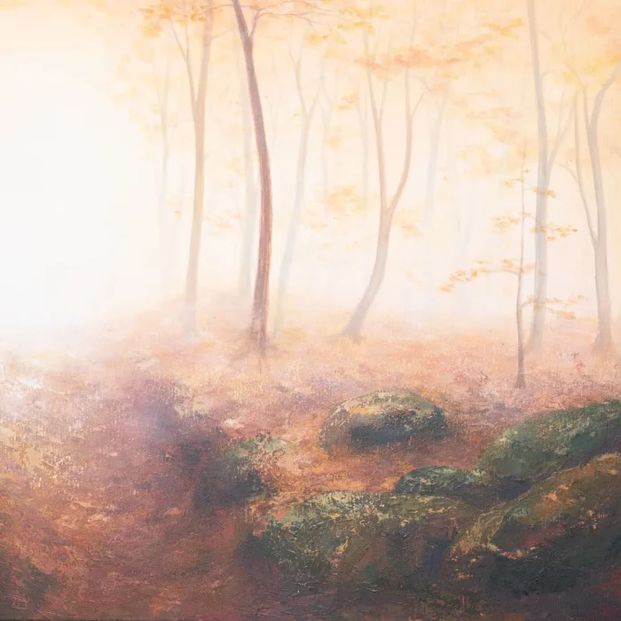 Detail obrazu s podzimním bukovým lesem.