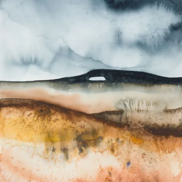 Písečná abstraktní krajina s bouřkovými mraky - akvarel.