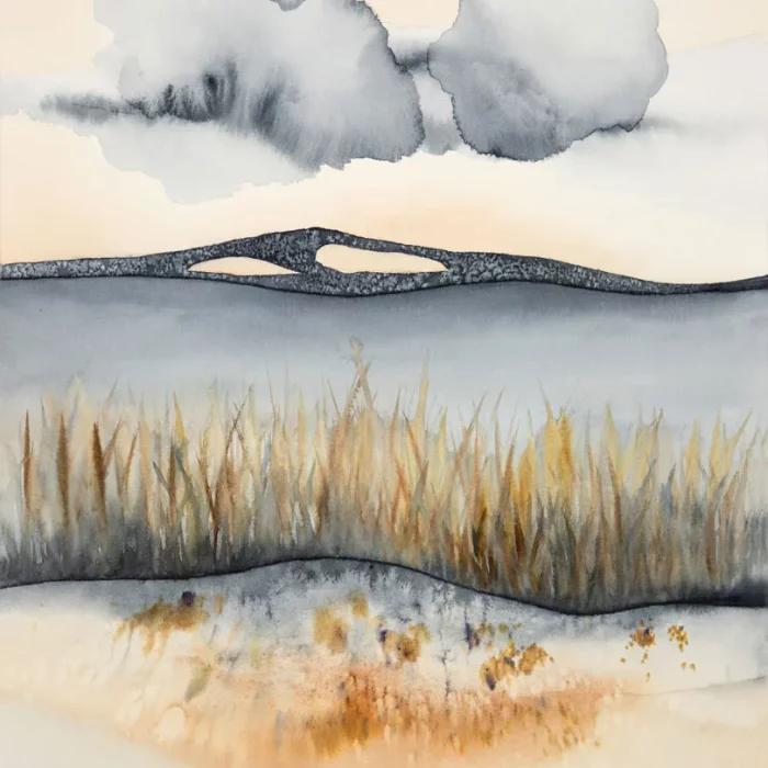 Abstraktní krajina s jezerem - akvarel.