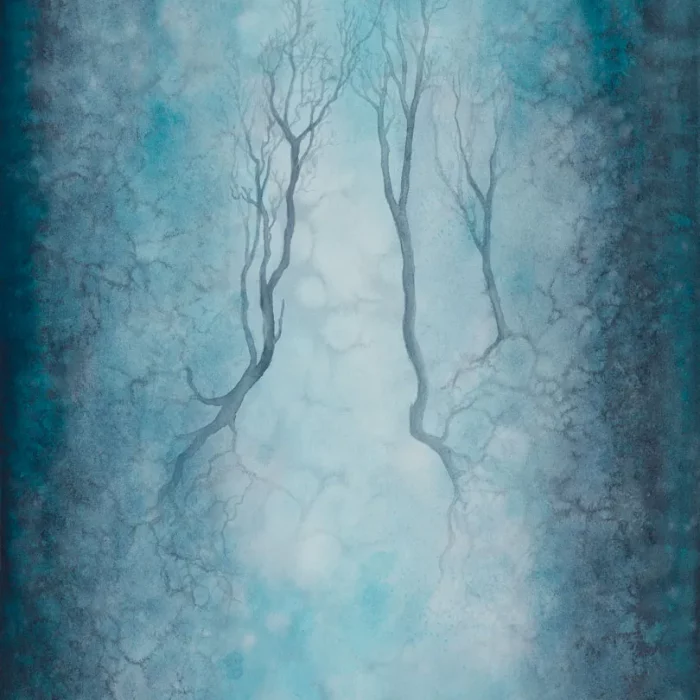 Abstraktní akvarelová malba stromů nad propastí.