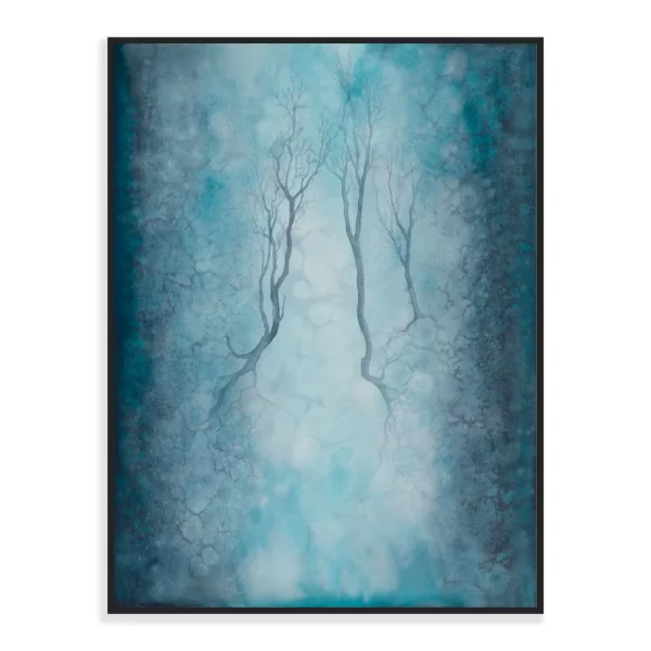 Abstraktní akvarelová malba stromů nad propastí v kovovém černém rámečku.