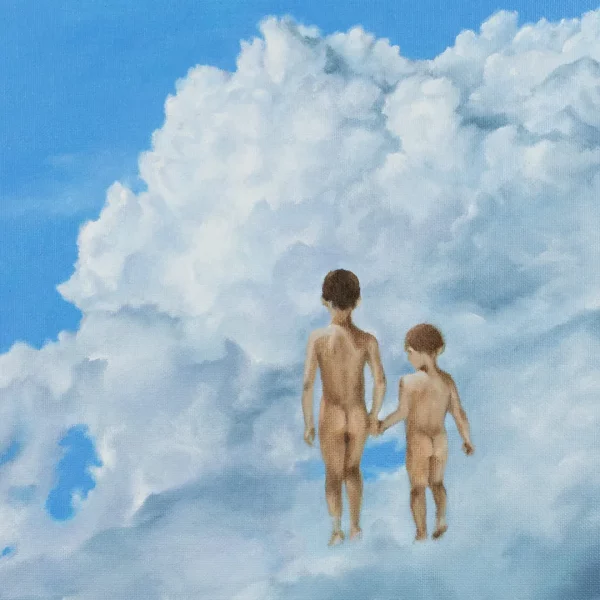 Olejomalba Neboj! - dva malí nazí chlapci v oblacích.