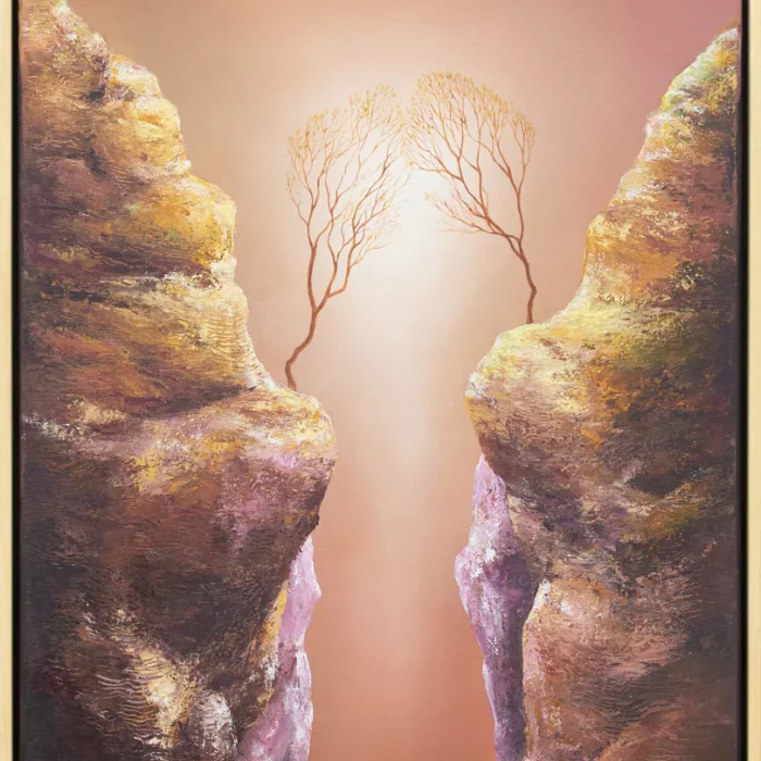 Obraz O lásce - dva stromy se k sobě naklání přes propast mezi skalami.