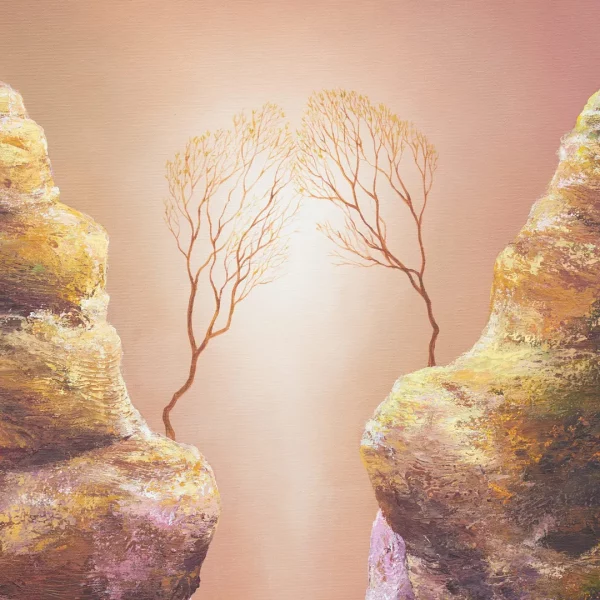 Detail obrazu O lásce, dva stromy na skalách se k sobě naklání přes propast.