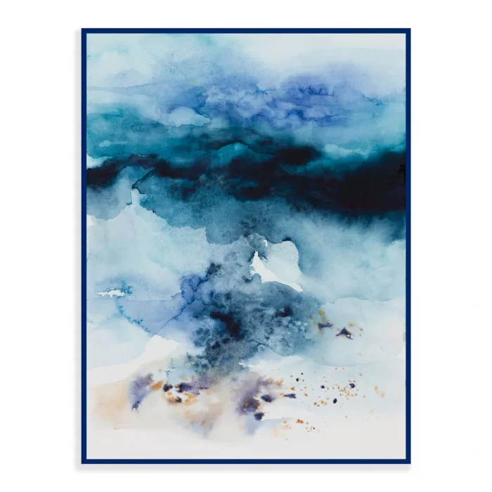 Abstraktní akvarel - život pod vodou, v modrém kovovém rámečku.