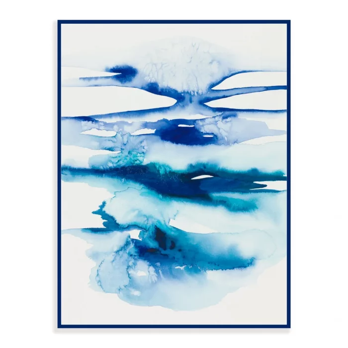 Abstraktní akvarel s mořskými vlnami, v modrém rámečku.