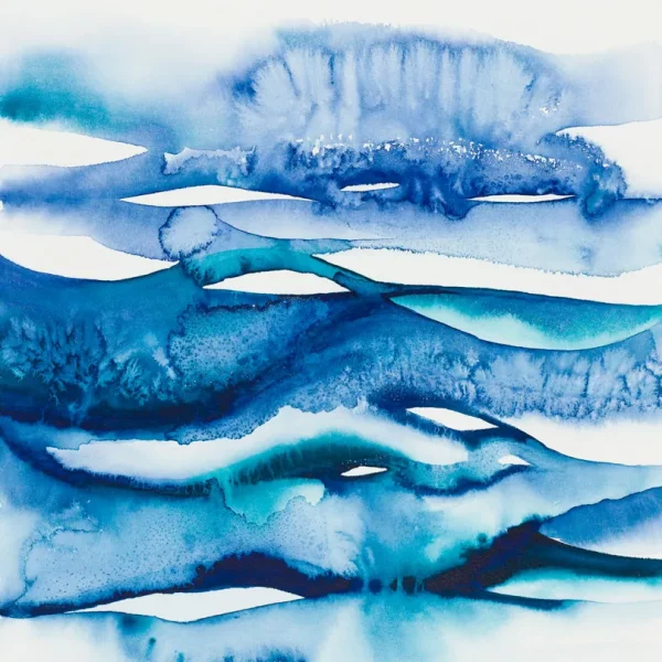 Píseň moře - abstraktní akvarel v modrých a tyrkysových barvách.