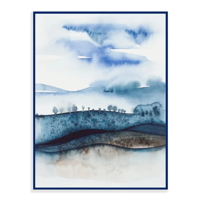Akvarel v modrých barvách s motivem stromořadí, v modrém rámečku.