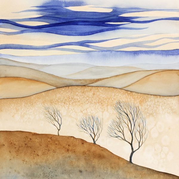 Akvarel - podzimní větrná krajina se třemi stromky na kopci.