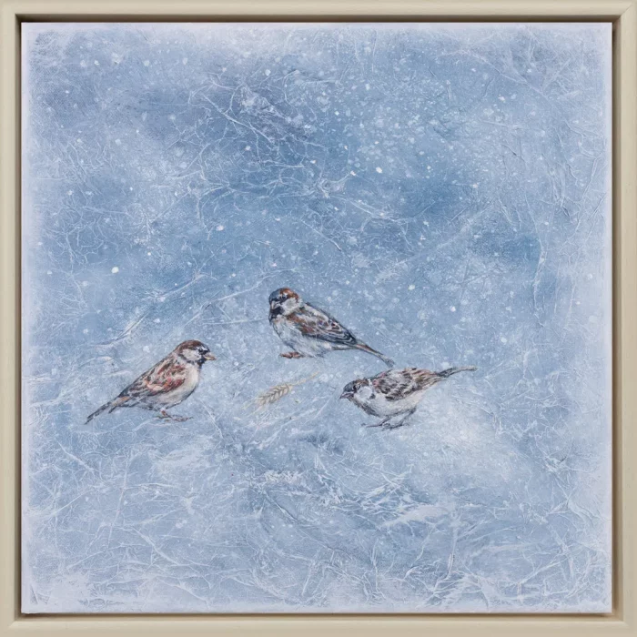Malba v rámečku - tři vrabčáci v zimě našli klásek.