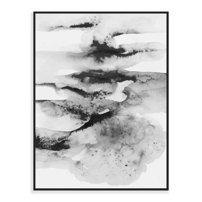 Černobílý tisk akvarelové malby s tématem vln, v černém kovovém rámečku.