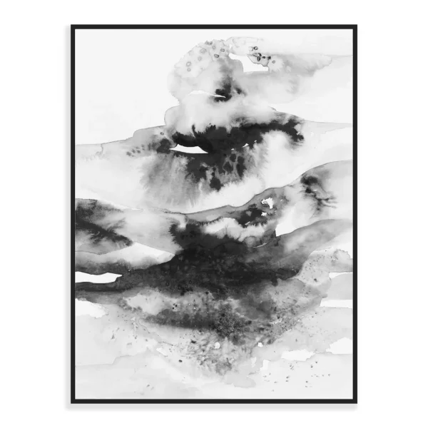 Černobílý tisk akvarelové malby s tématem vln.