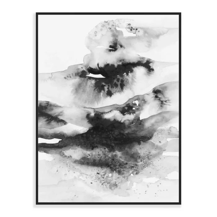 Černobílý tisk akvarelové malby s tématem vln.