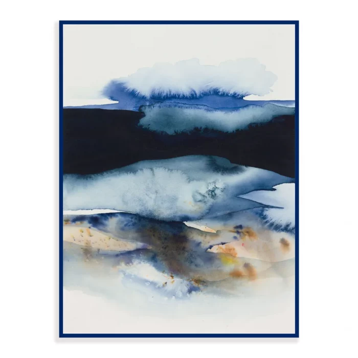 Abstraktní akvarel s tématem moře, v modrém kovovém rámečku.