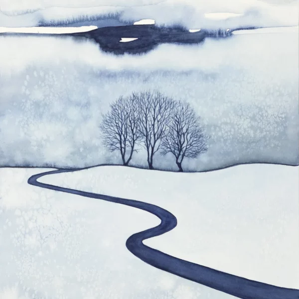 Romantická zimní scenérie se třemi stromy - akvarel.