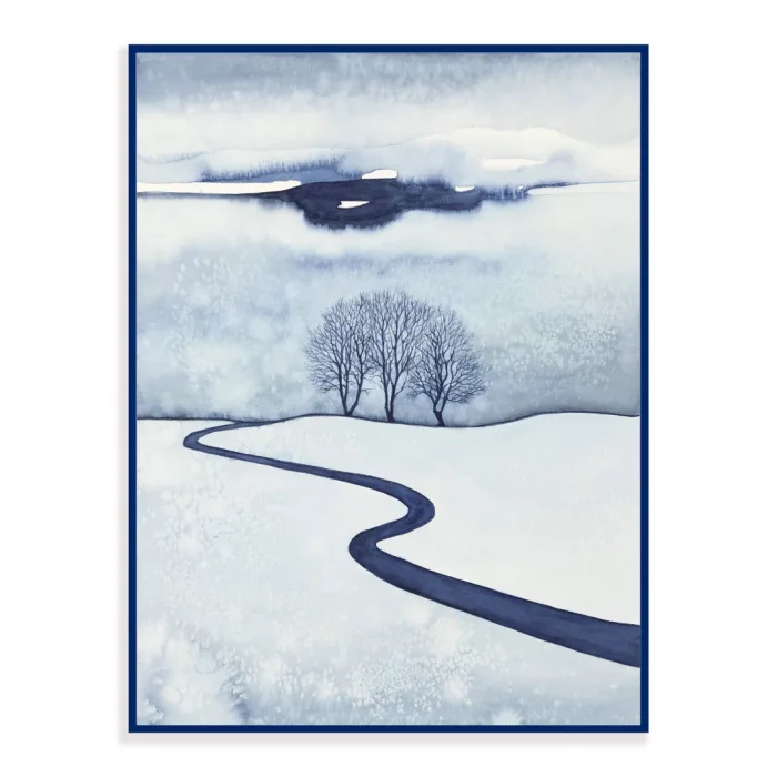 Akvarel - zimní krajina s cestičkou a třemi stromy na kopci.