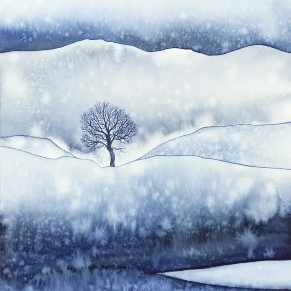 Sněží - akvarel krajiny se stromem.