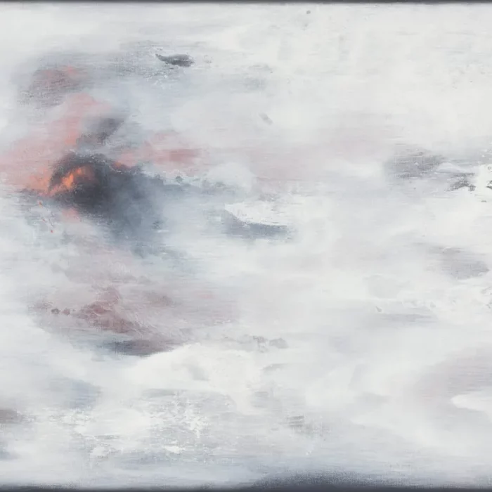 Abstraktní obraz - bílé krystalky sněhu a prudký vítr nutí přimhouřit oči.