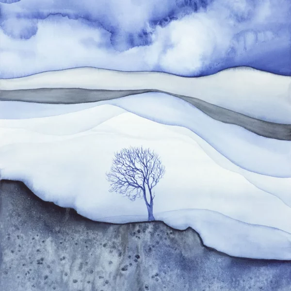 Akvarelová malba zimní krajiny se stromem.