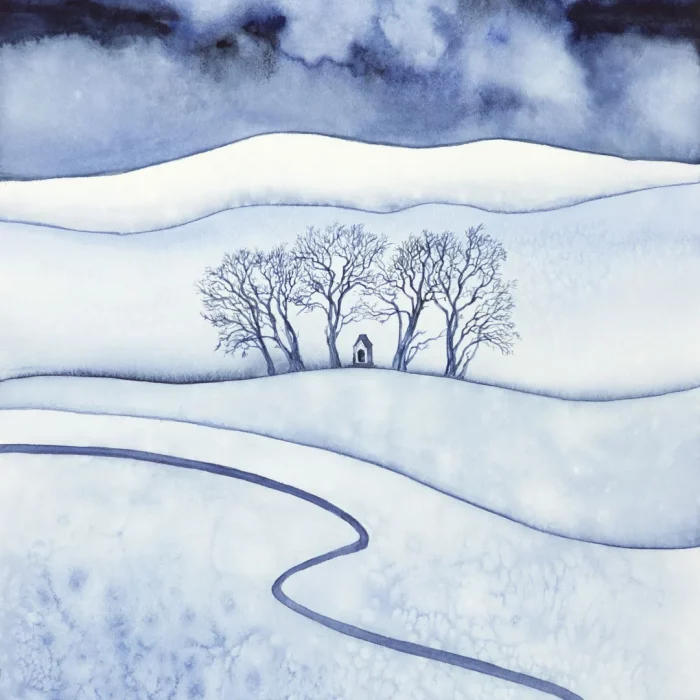 Akvarel zimní krajiny se stromy a kapličkou.
