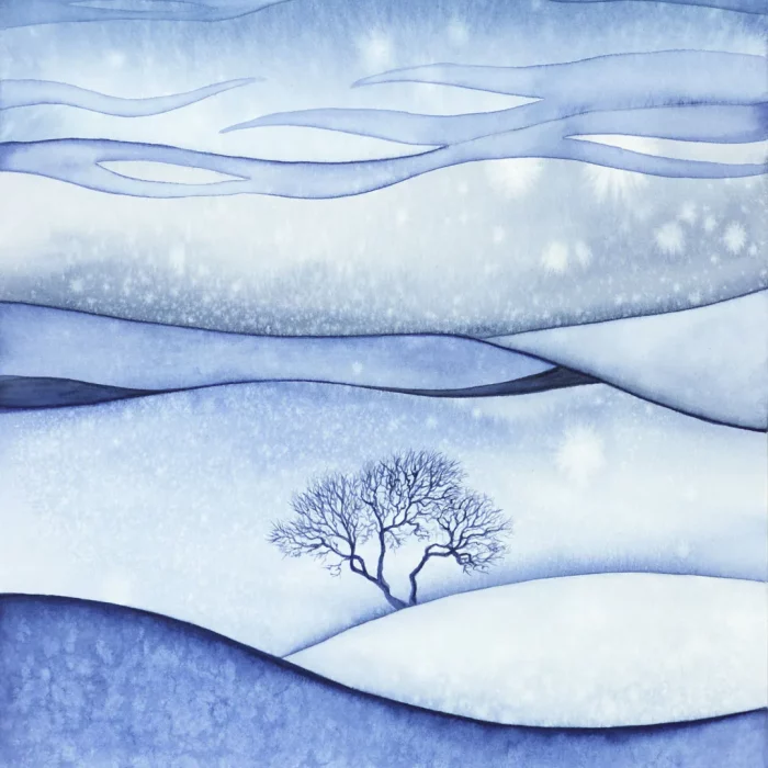 Akvarel s motivem zimní večerní krajiny se stromem.