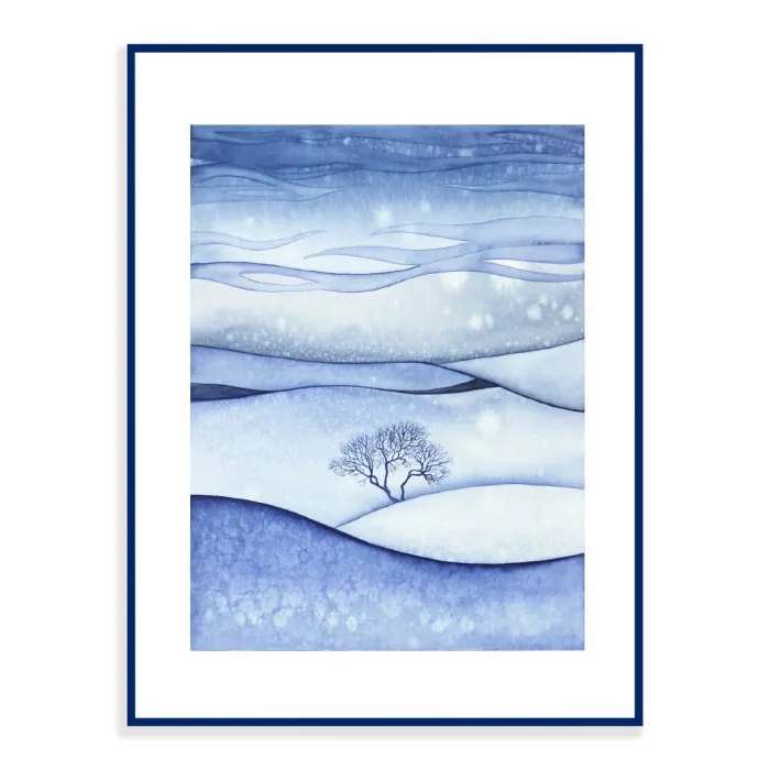 Romantická zimní scenérie - tisk autorského akvarelu, v modrém rámečku.
