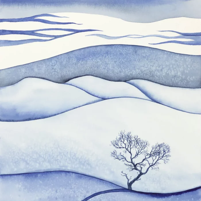 Osamělý strom v krajině se zasněženými kopci - modrobílý akvarel.