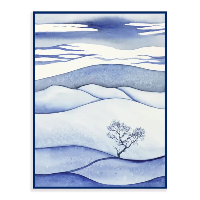 Akvarel zimní scenérie s křivým stromem v modrobílém.