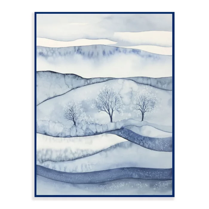Modrobílý akvarel s třemi zasněženými stromy v kovovém modrém rámečku.