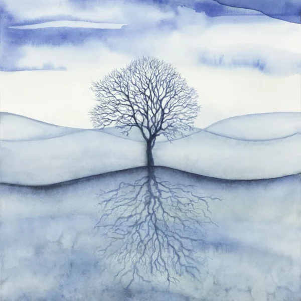 Osamělý strom v zimní promrzlé krajině - autorský akvarel.