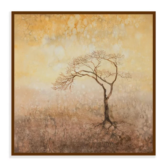 Obrázek podzimního stromu bez listí v teplých barvách - akvarel.