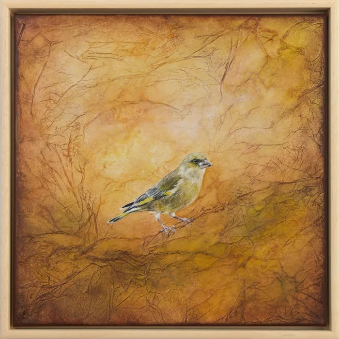 malba ptáčka v dřevěném plovoucím rámu